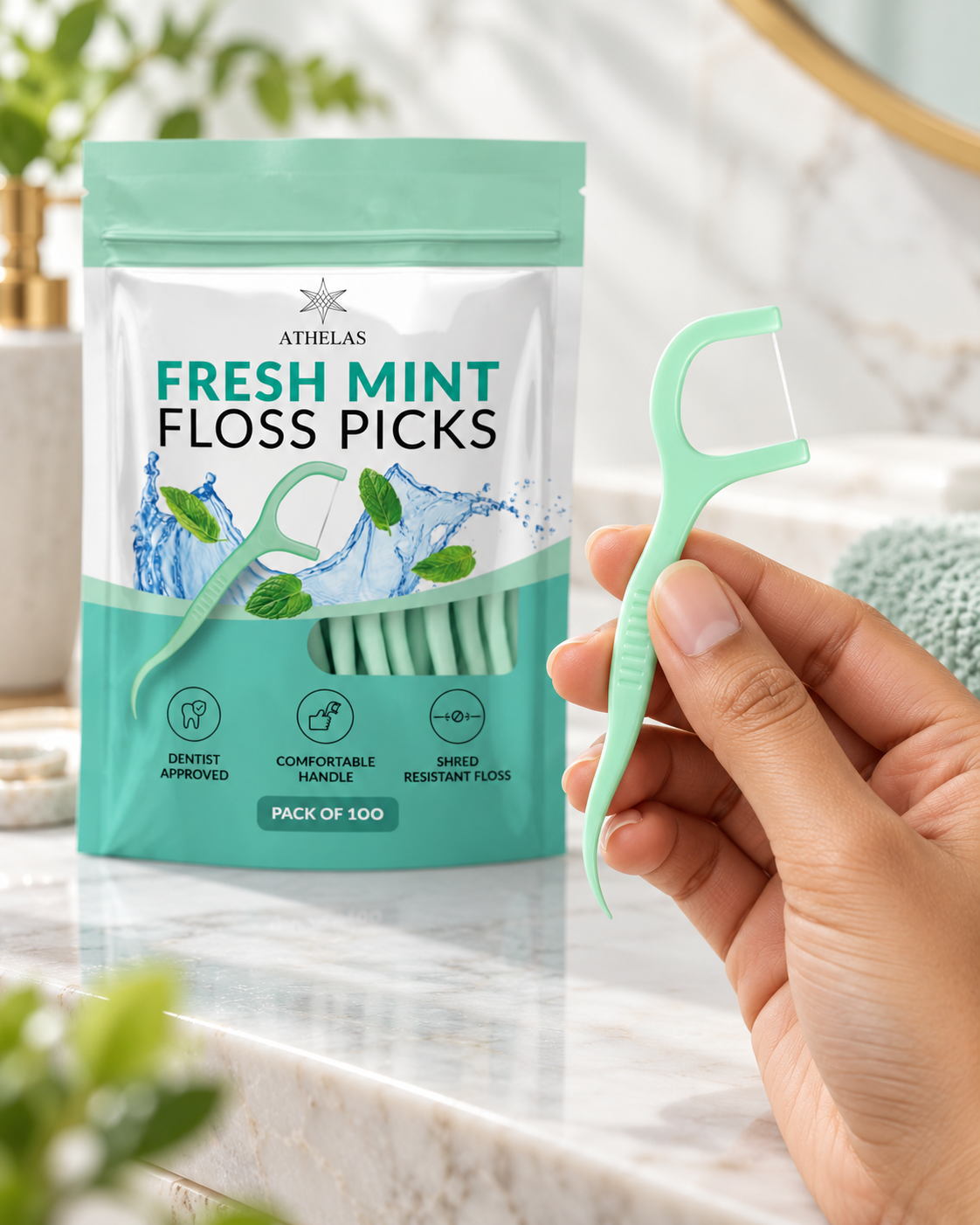 A hand holds an Athelas mint floss pick beside the pouch