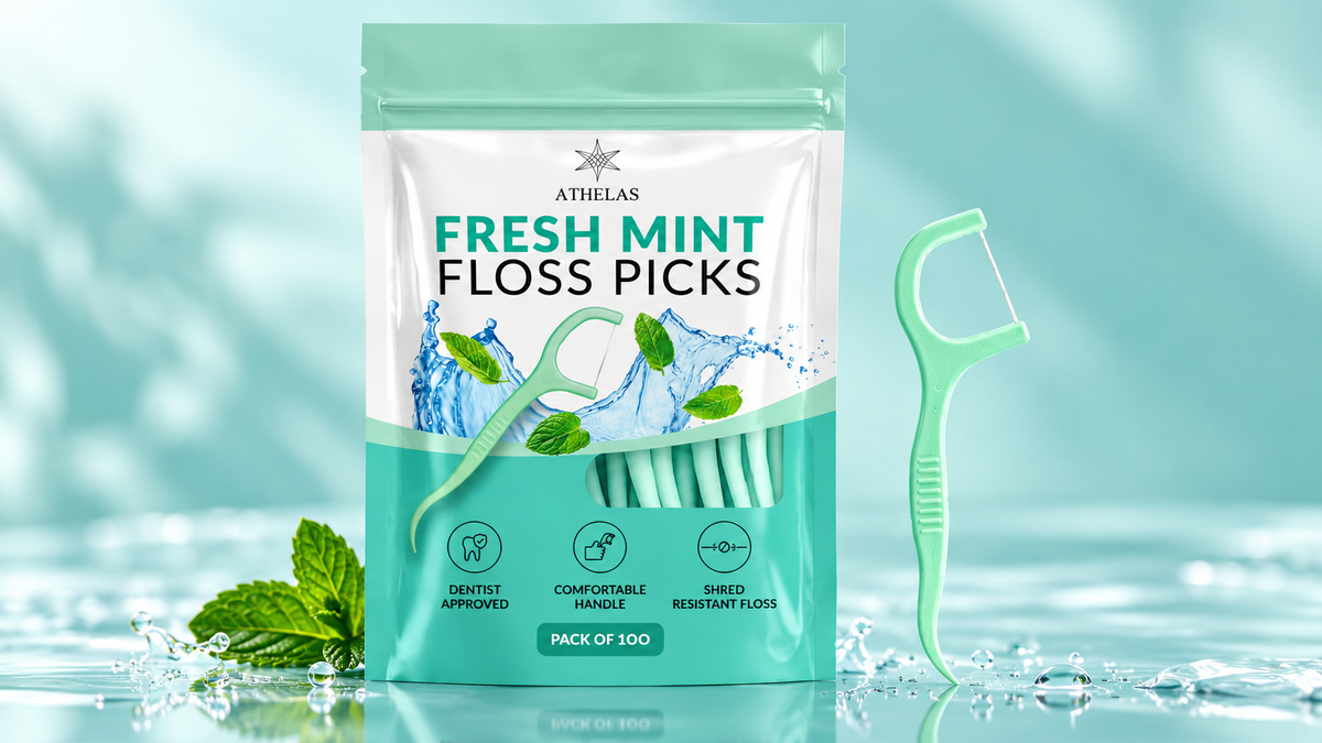 Athelas Fresh Mint Floss Picks pouch with a mint-green floss pick