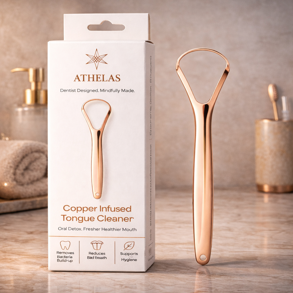 Athelas copper infused tongue cleaner and product packaging