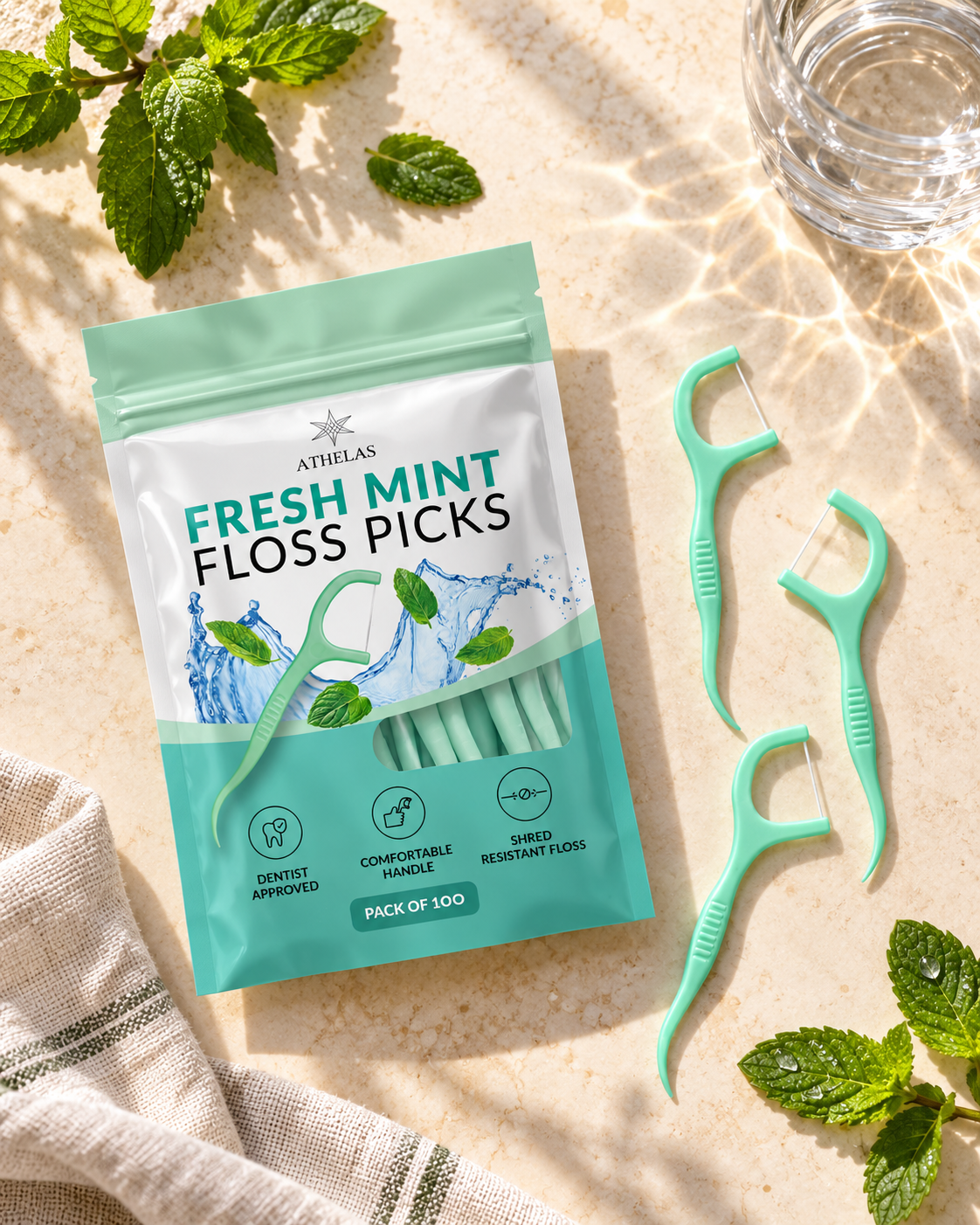 Athelas Fresh Mint Floss Picks arranged with mint leaves